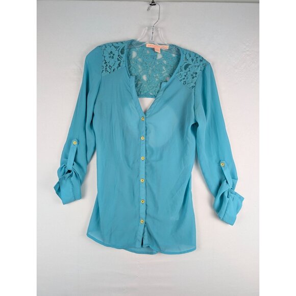 Rebellious One Womens Turquoise Button-Up Lace Open Back Blouse Size S - Picture 1 of 8